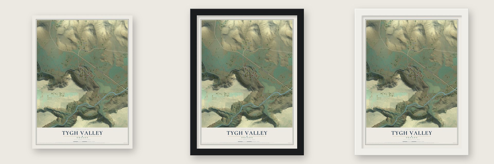 Tygh Valley, Oregon map unframed, in a black wood frame and in a white wood frame