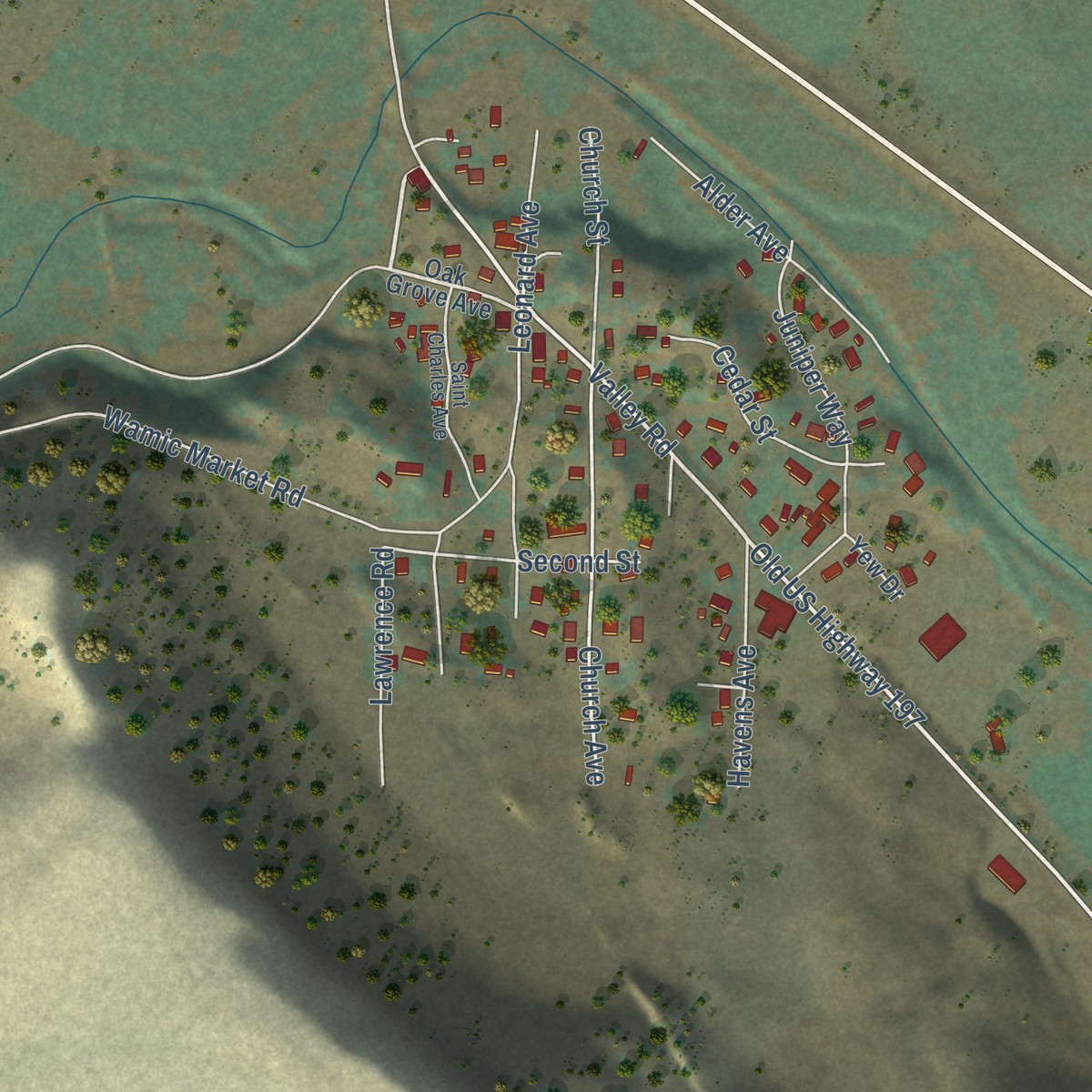 Second close-up of the map of Tygh Valley, Oregon print showing more streets and buildings