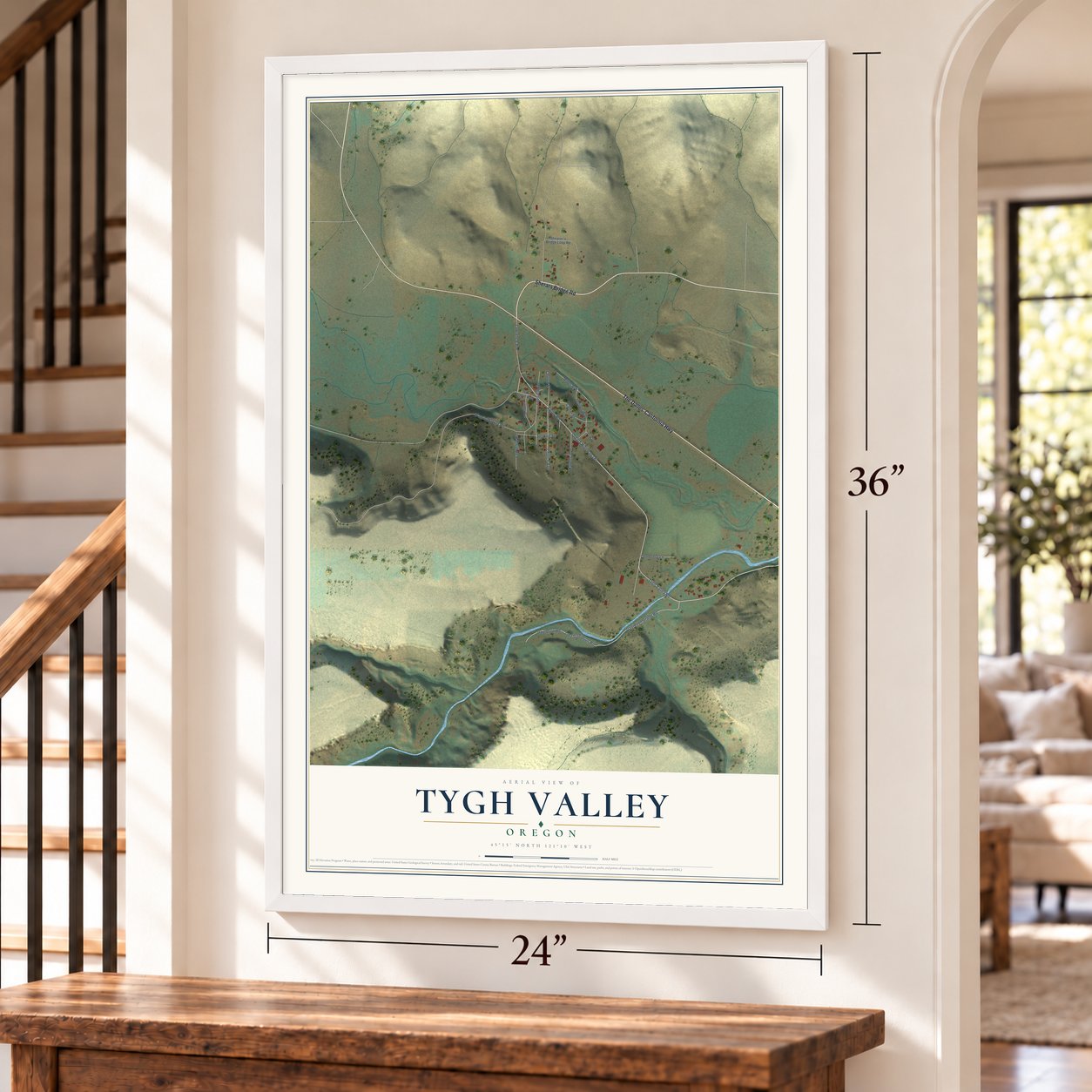 Tygh Valley, Oregon map, 24 x 36 inch print in a white frame by a staircase