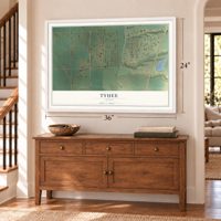 Tyhee, Idaho map, 24 x 36 inch print in a white frame above a dresser by a staircase