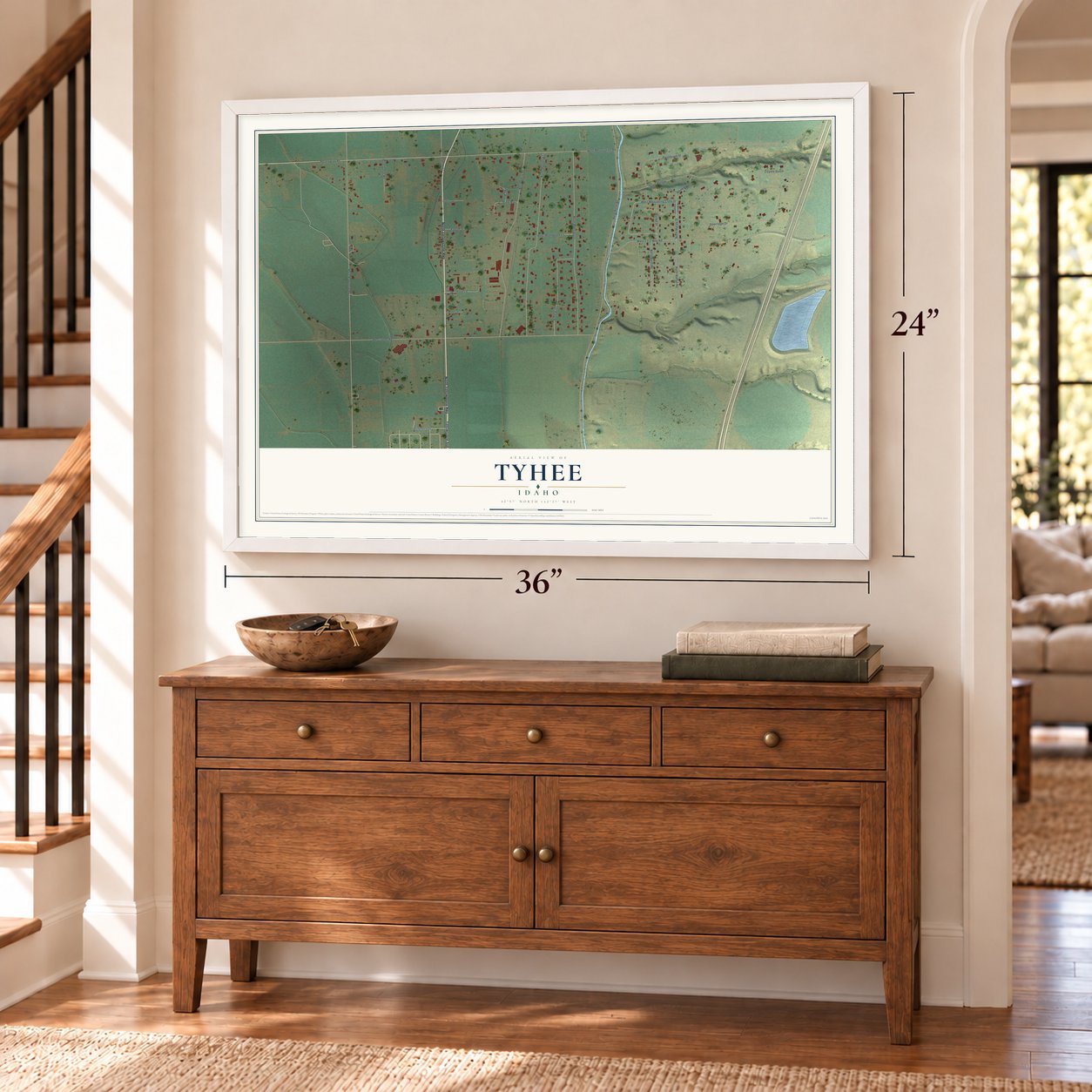 Tyhee, Idaho map, 24 x 36 inch print in a white frame above a dresser by a staircase