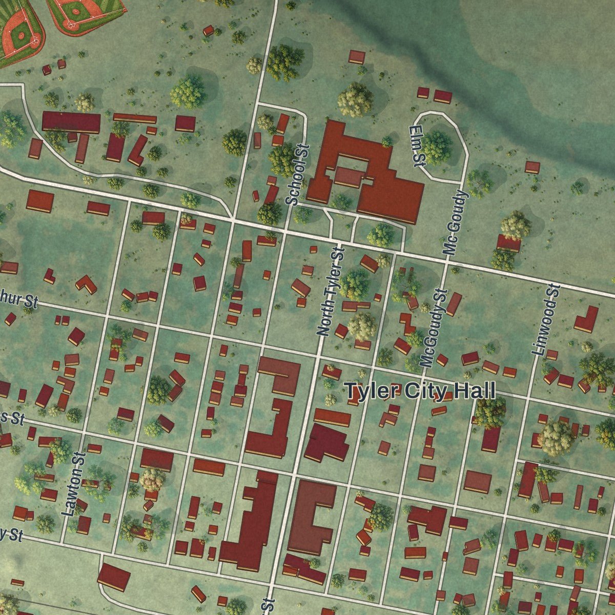 Second close-up of the map of Tyler, Minnesota print showing more streets and buildings