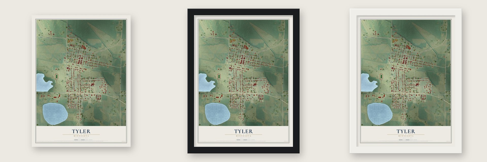 Tyler, Minnesota map unframed, in a black wood frame and in a white wood frame
