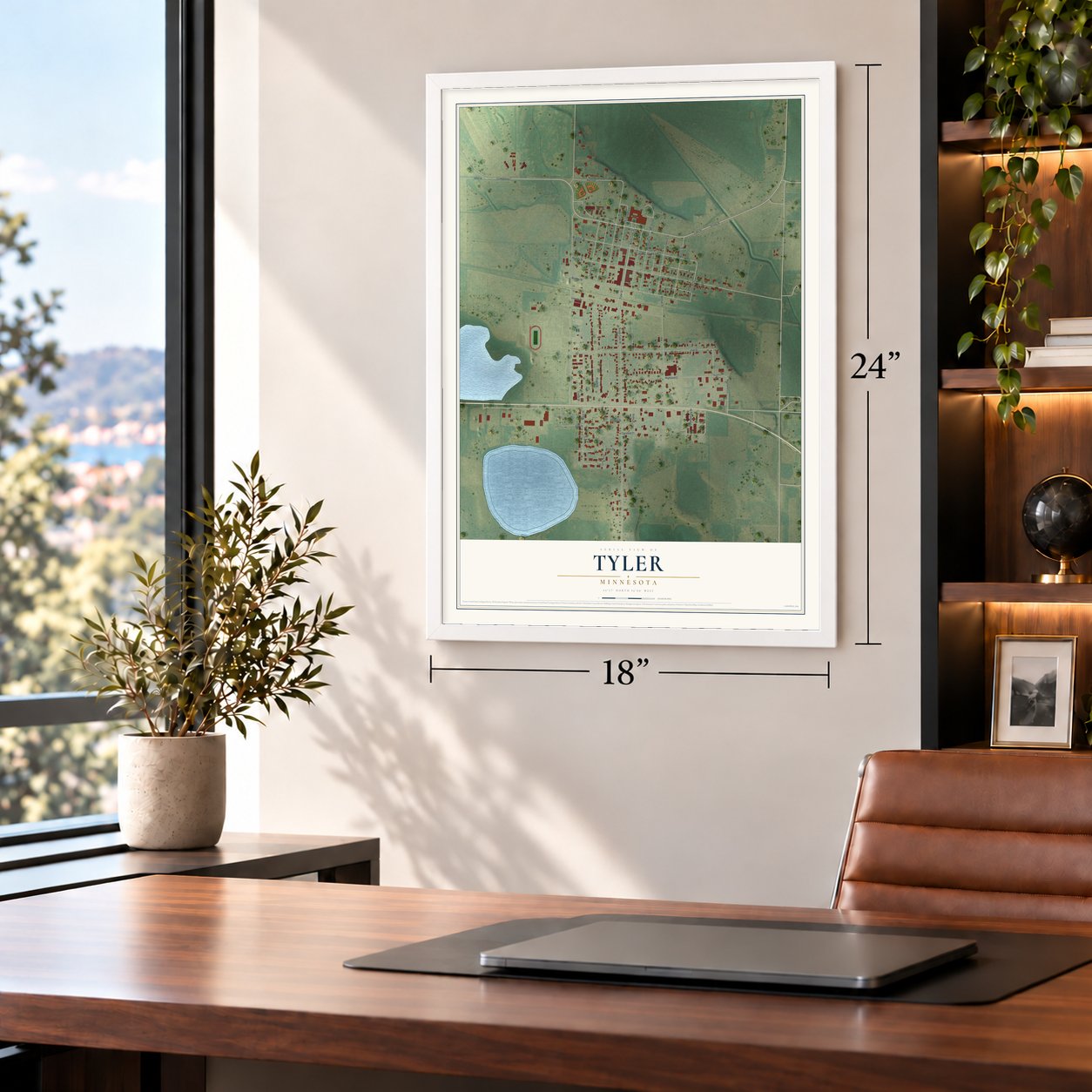 Tyler, Minnesota map, 18 x 24 inch print in a white frame in a home office