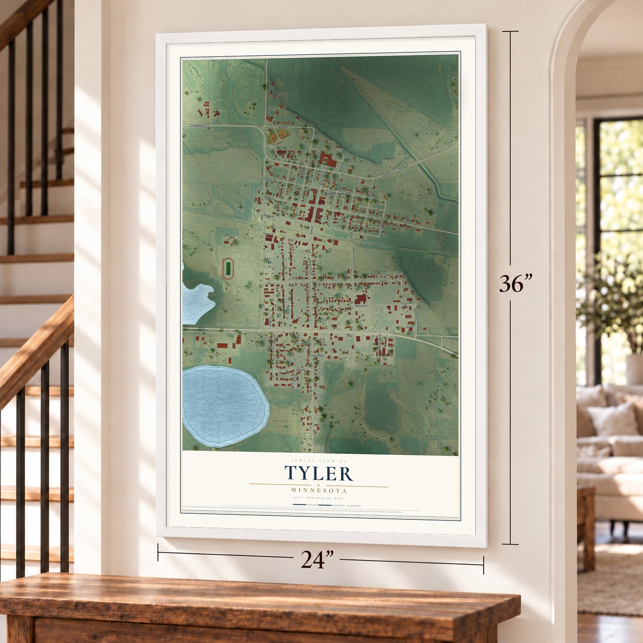 Tyler, Minnesota map, 24 x 36 inch print in a white frame by a staircase