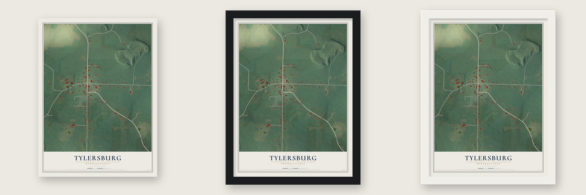 Tylersburg, Pennsylvania map unframed, in a black wood frame and in a white wood frame
