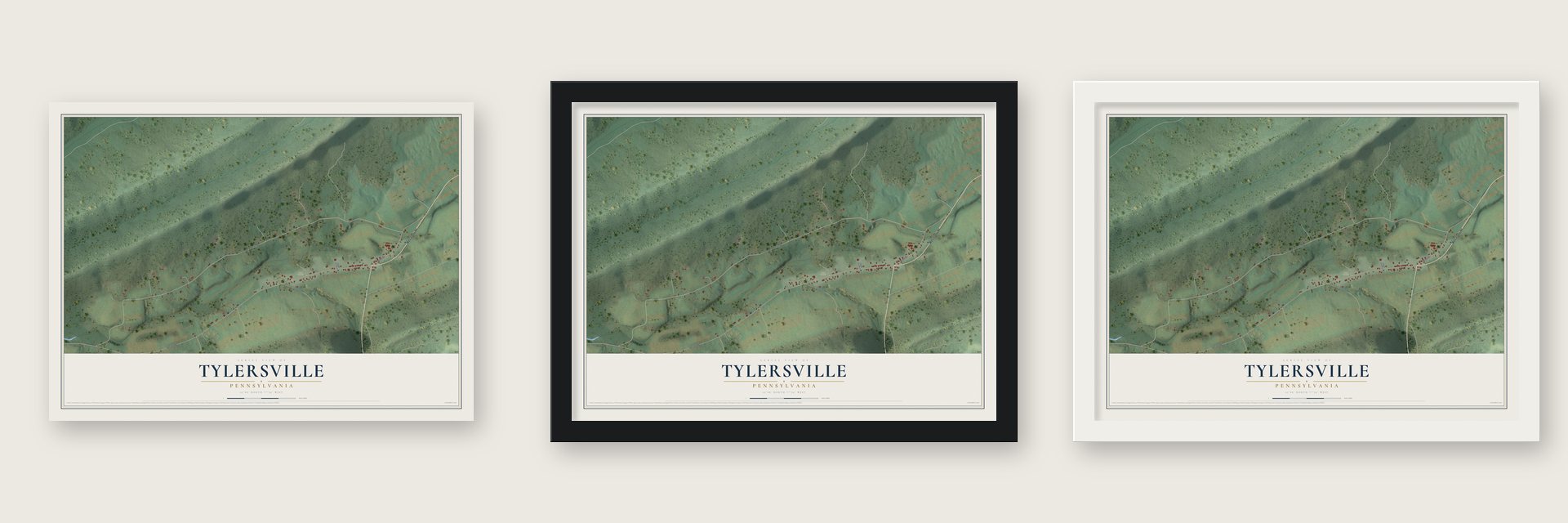 Tylersville, Pennsylvania map unframed, in a black wood frame and in a white wood frame