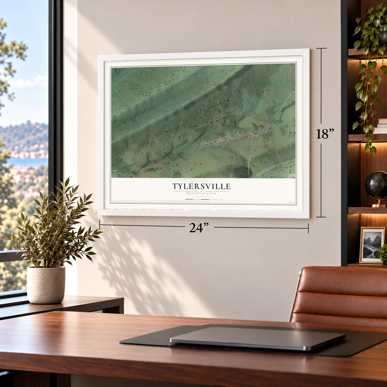 Tylersville, Pennsylvania map, 18 x 24 inch print in a white frame in a home office