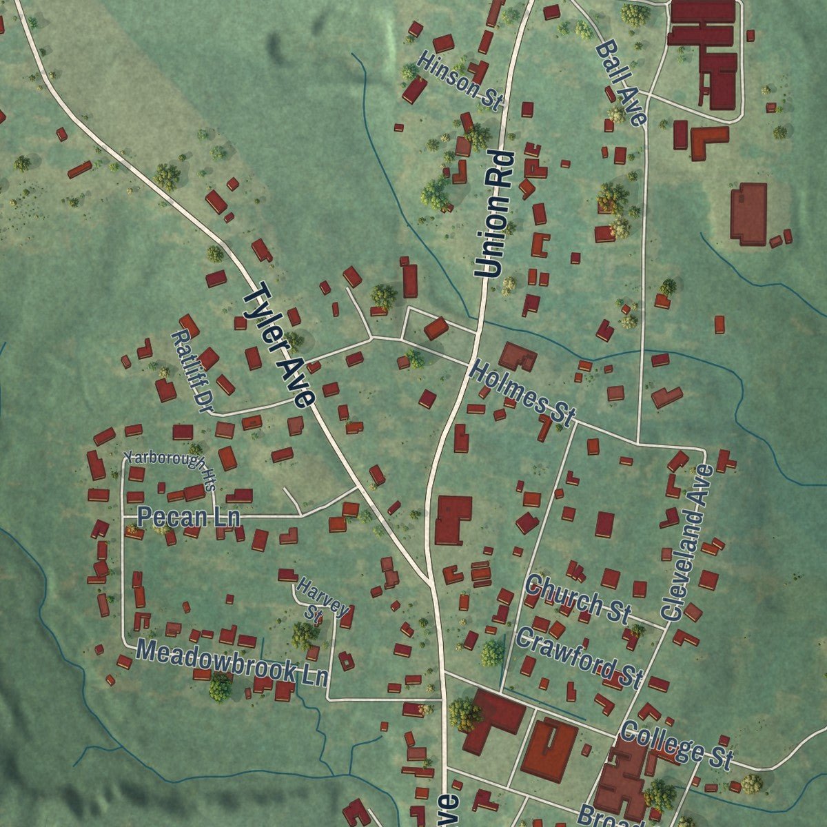 Second close-up of the map of Tylertown, Mississippi print showing more streets and buildings