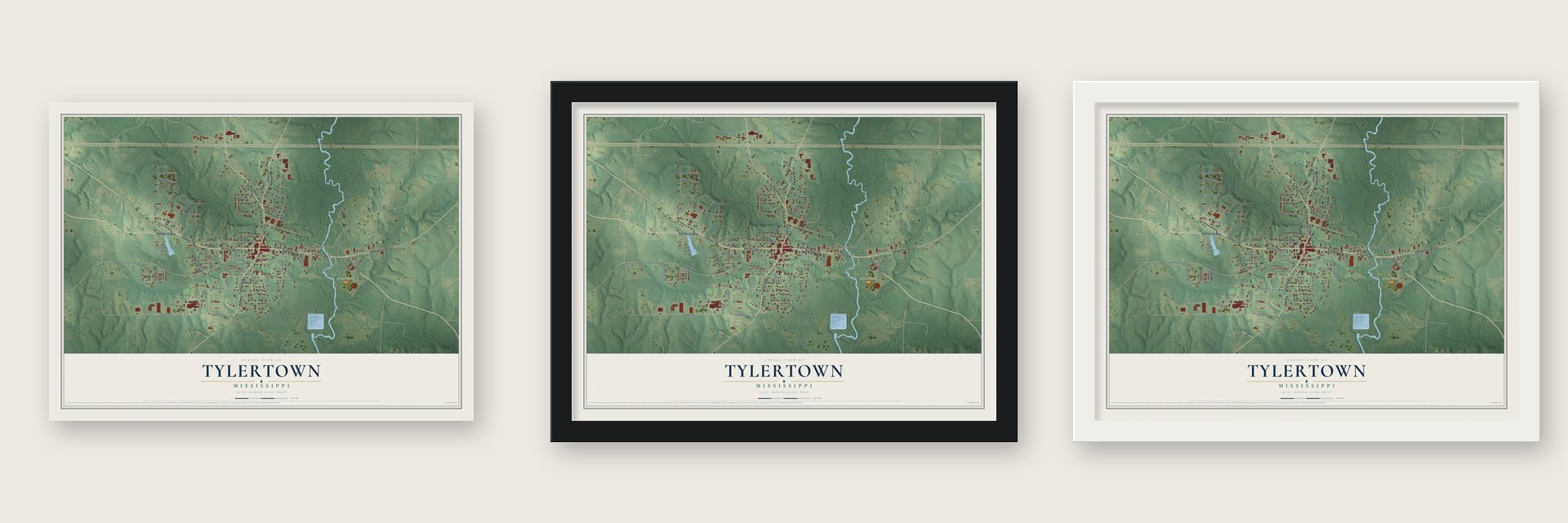 Tylertown, Mississippi map unframed, in a black wood frame and in a white wood frame