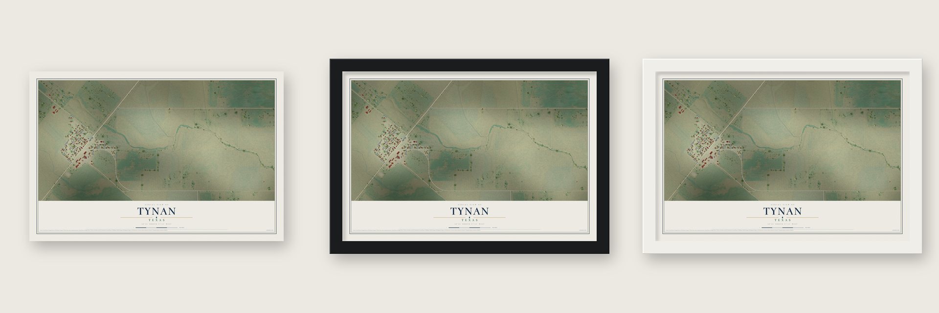 Tynan, Texas map unframed, in a black wood frame and in a white wood frame