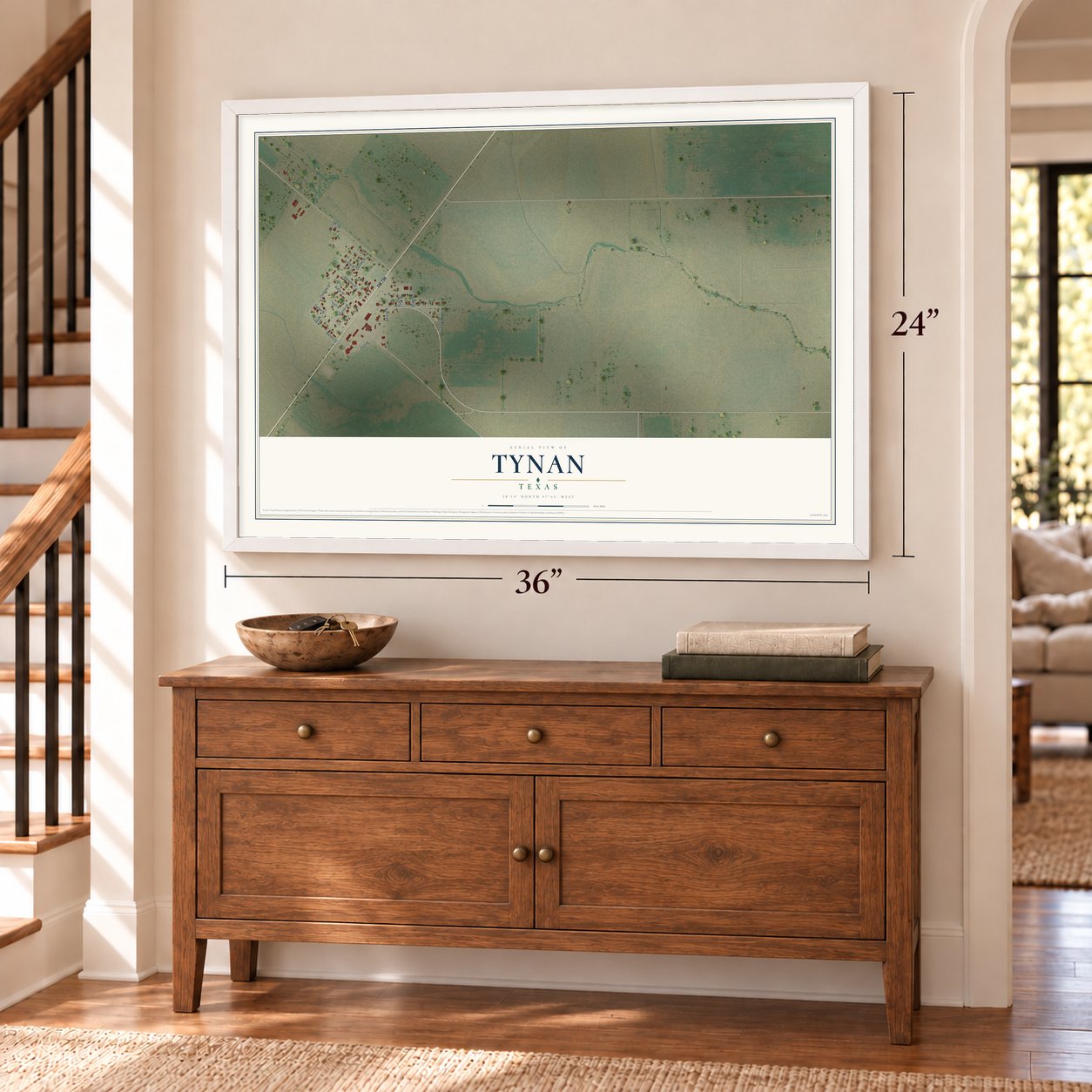 Tynan, Texas map, 24 x 36 inch print in a white frame above a dresser by a staircase