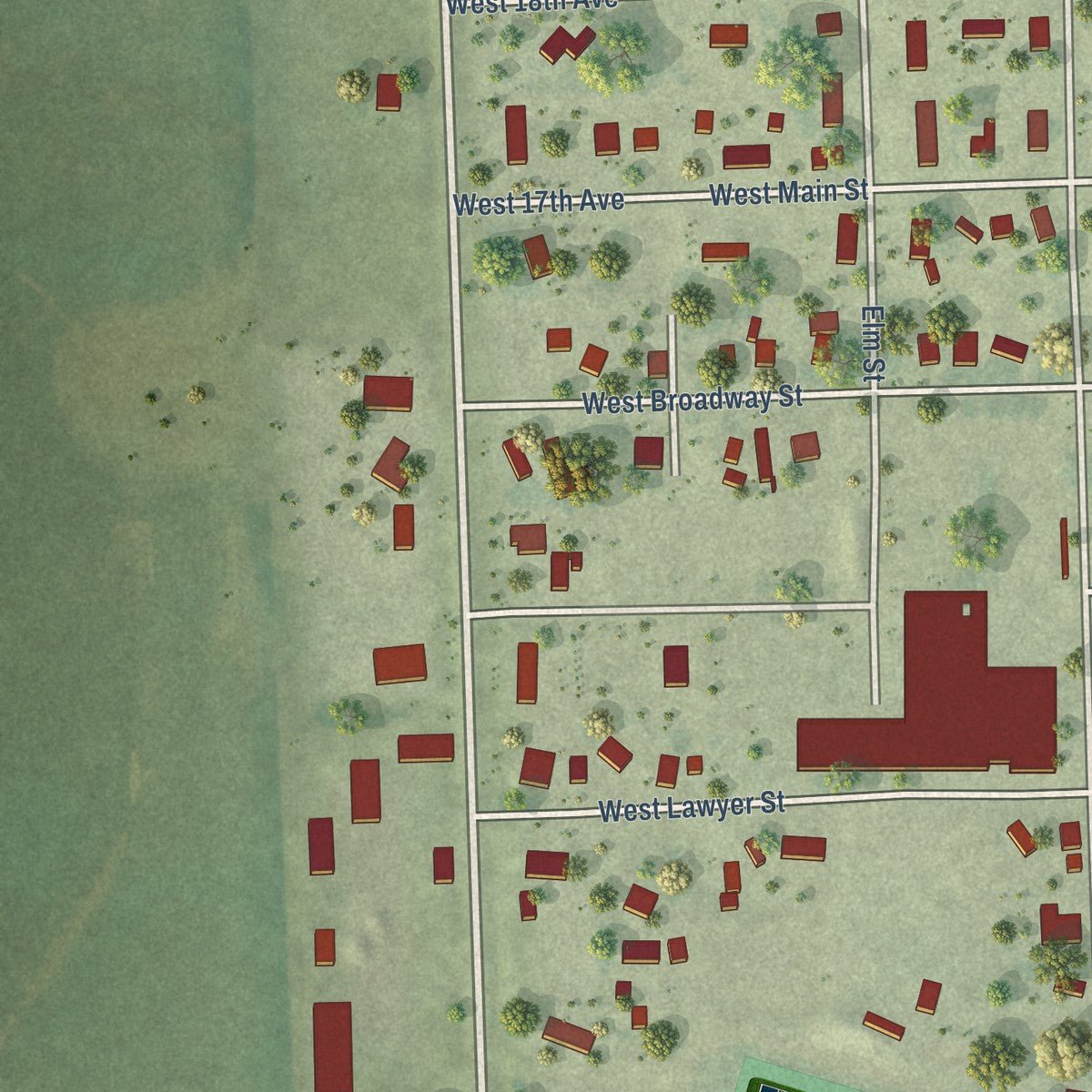 Second close-up of the map of Tyndall, South Dakota print showing more streets and buildings