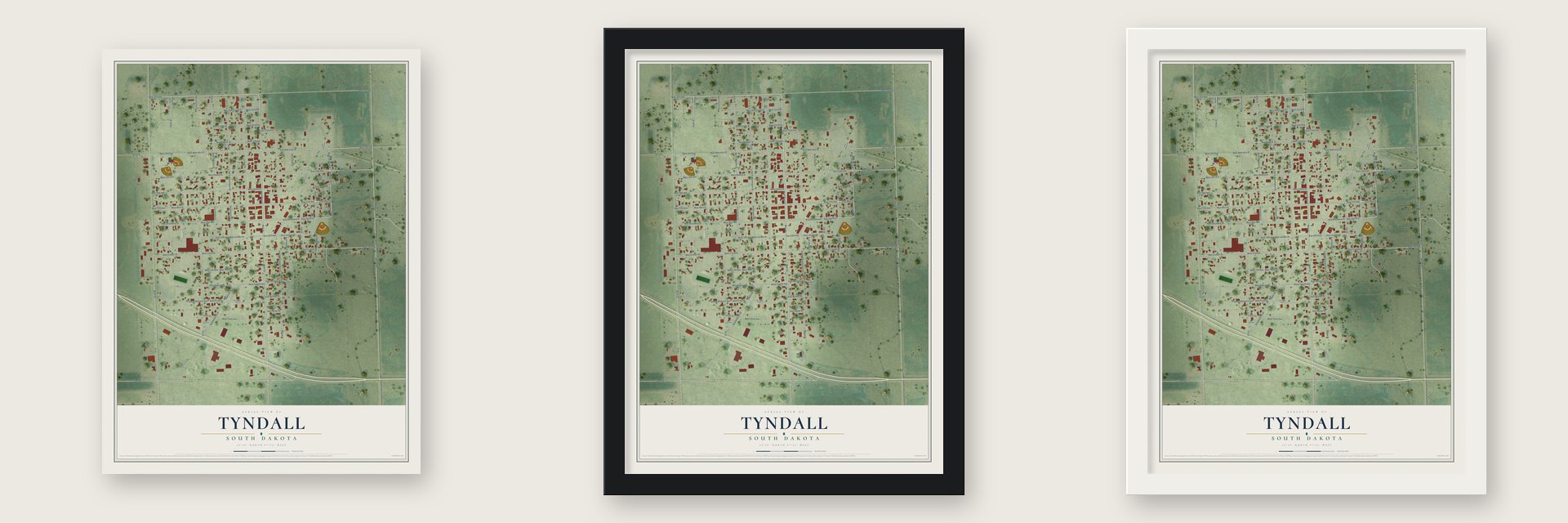 Tyndall, South Dakota map unframed, in a black wood frame and in a white wood frame