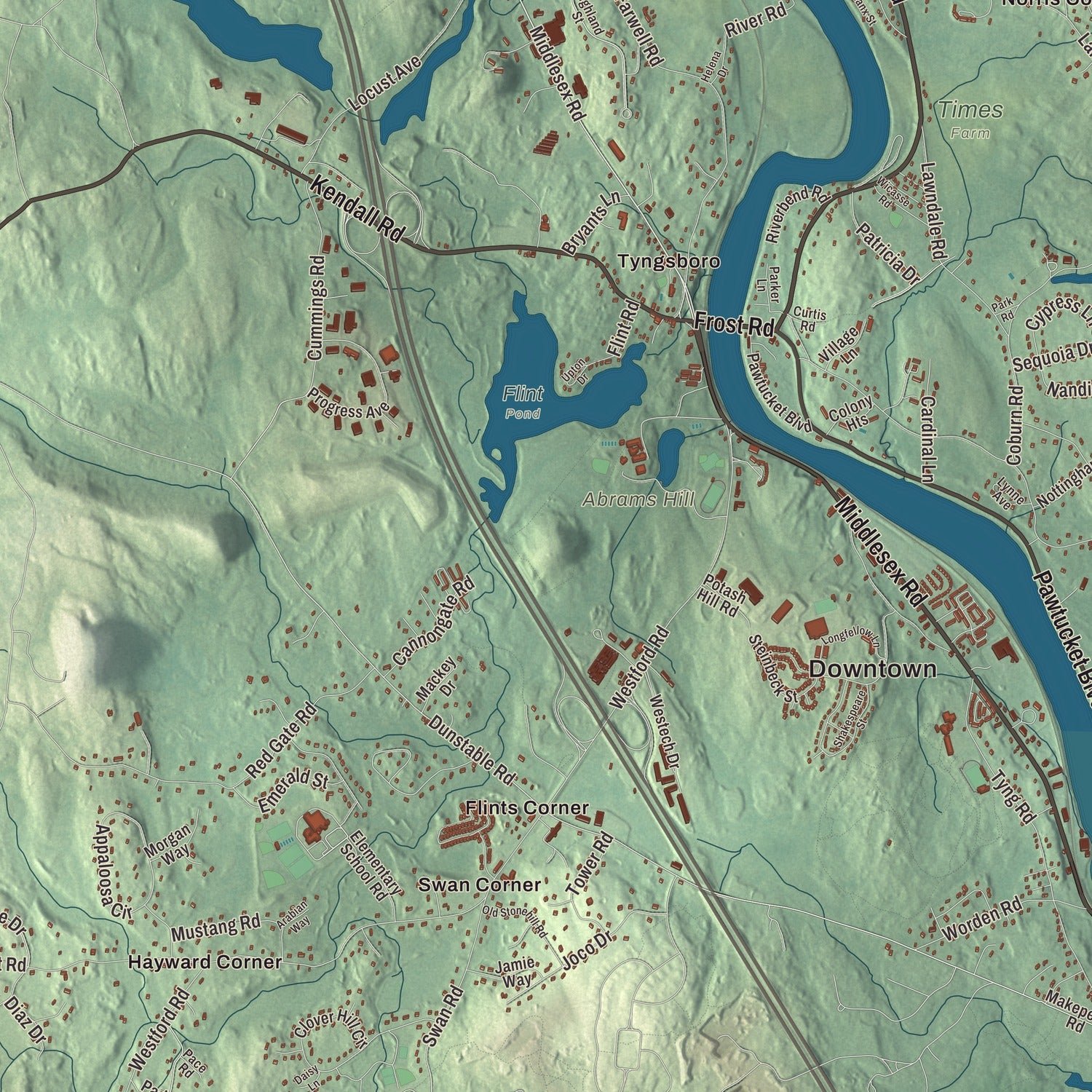 Close-up of the map of Tyngsborough, Massachusetts print showing terrain and local geography