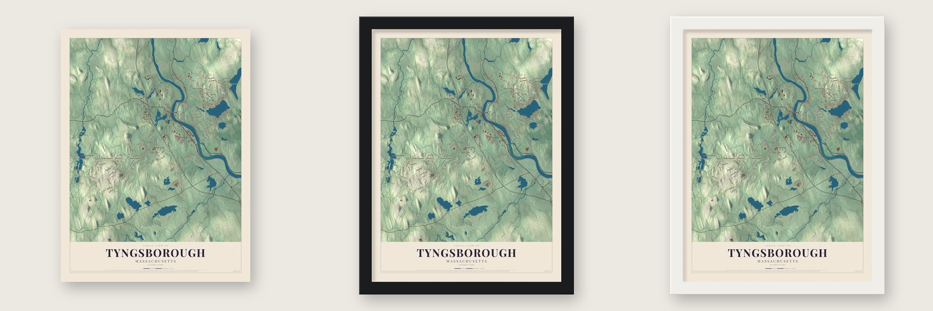 Tyngsborough, Massachusetts map unframed, in a black wood frame and in a white wood frame