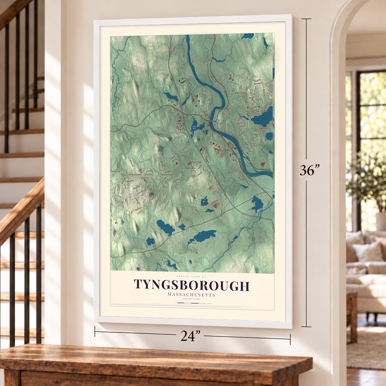 Tyngsborough, Massachusetts map, 24 x 36 inch print in a white frame by a staircase