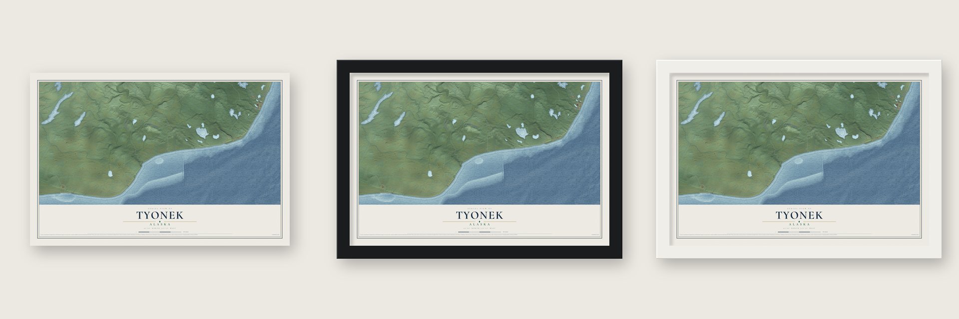 Tyonek, Alaska map unframed, in a black wood frame and in a white wood frame