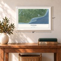 Tyonek, Alaska map, 12 x 18 inch print in a white frame in an entryway