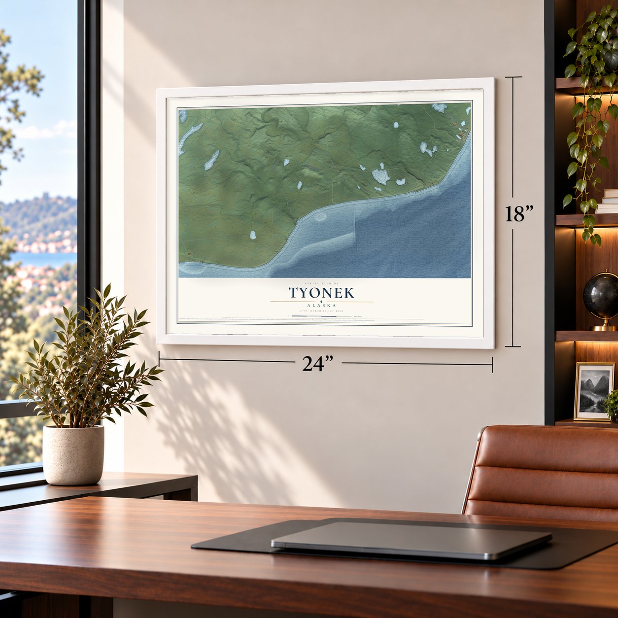 Tyonek, Alaska map, 18 x 24 inch print in a white frame in a home office