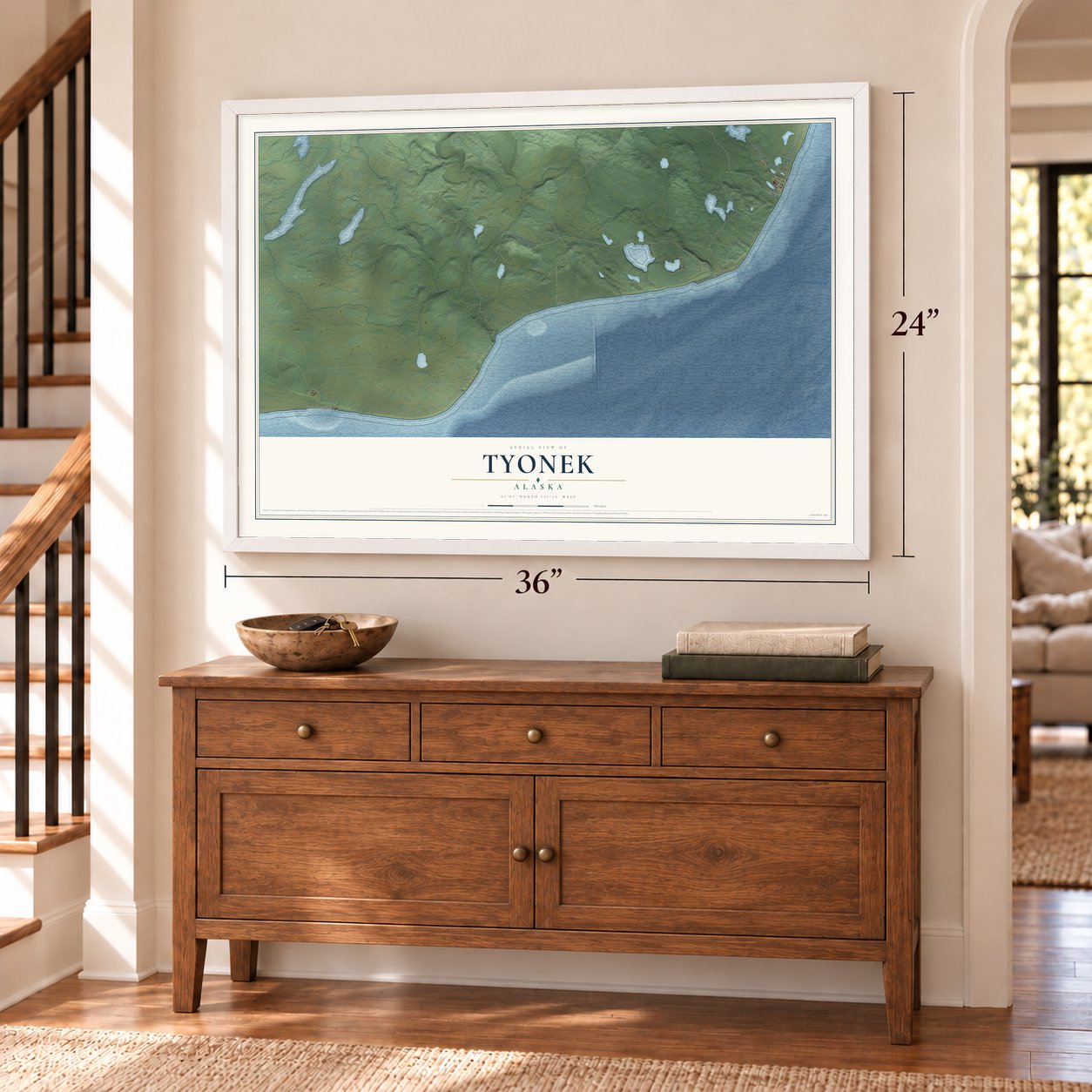 Tyonek, Alaska map, 24 x 36 inch print in a white frame above a dresser by a staircase