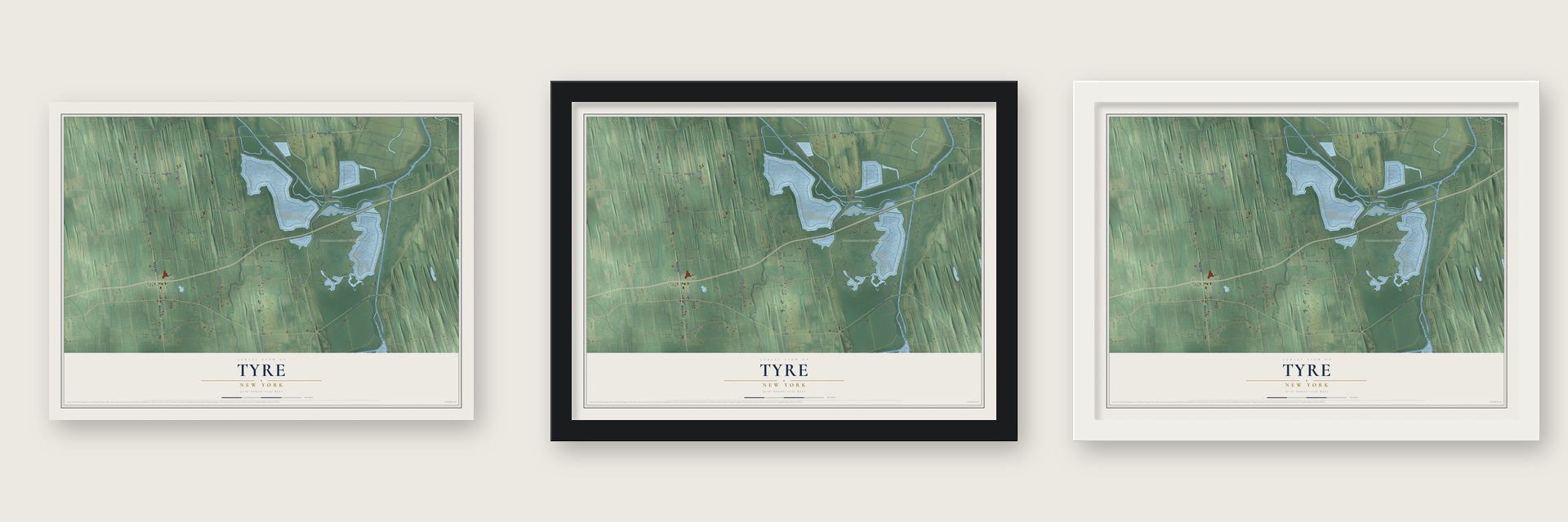 Tyre, New York map unframed, in a black wood frame and in a white wood frame