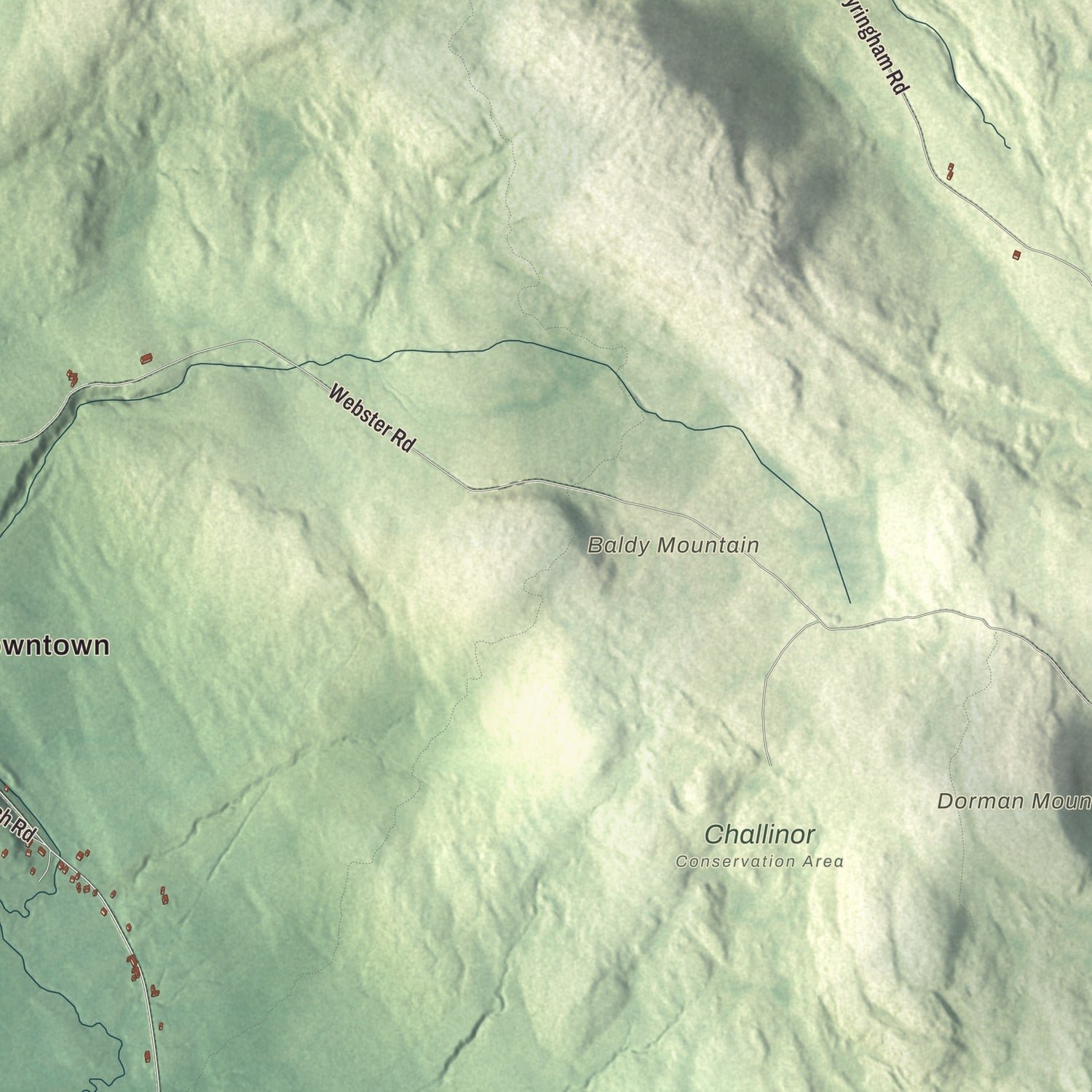 Close-up of the map of Tyringham, Massachusetts print showing terrain and local geography