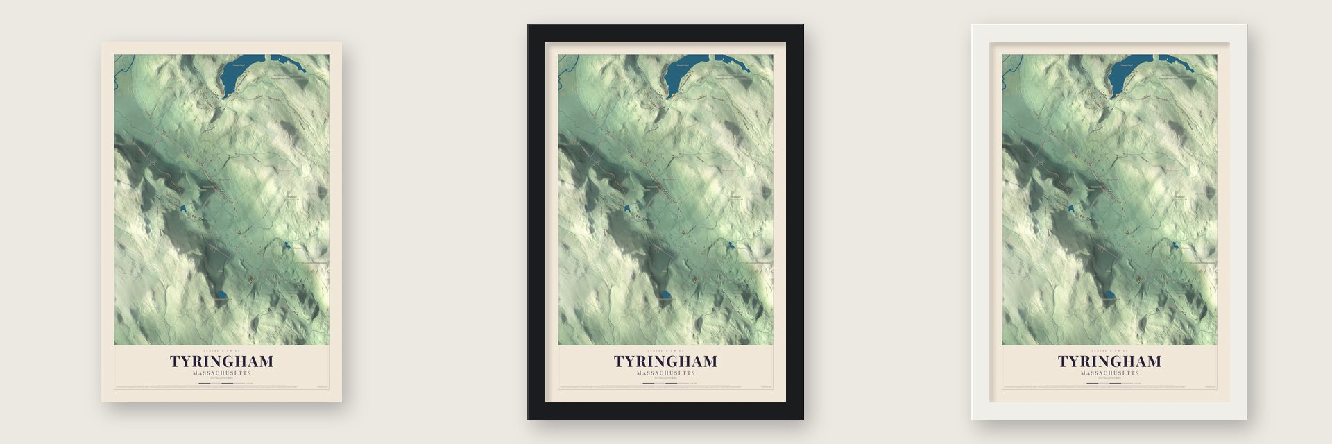 Tyringham, Massachusetts map unframed, in a black wood frame and in a white wood frame