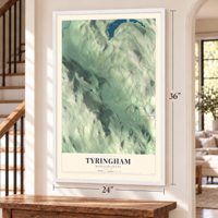 Tyringham, Massachusetts map, 24 x 36 inch print in a white frame by a staircase