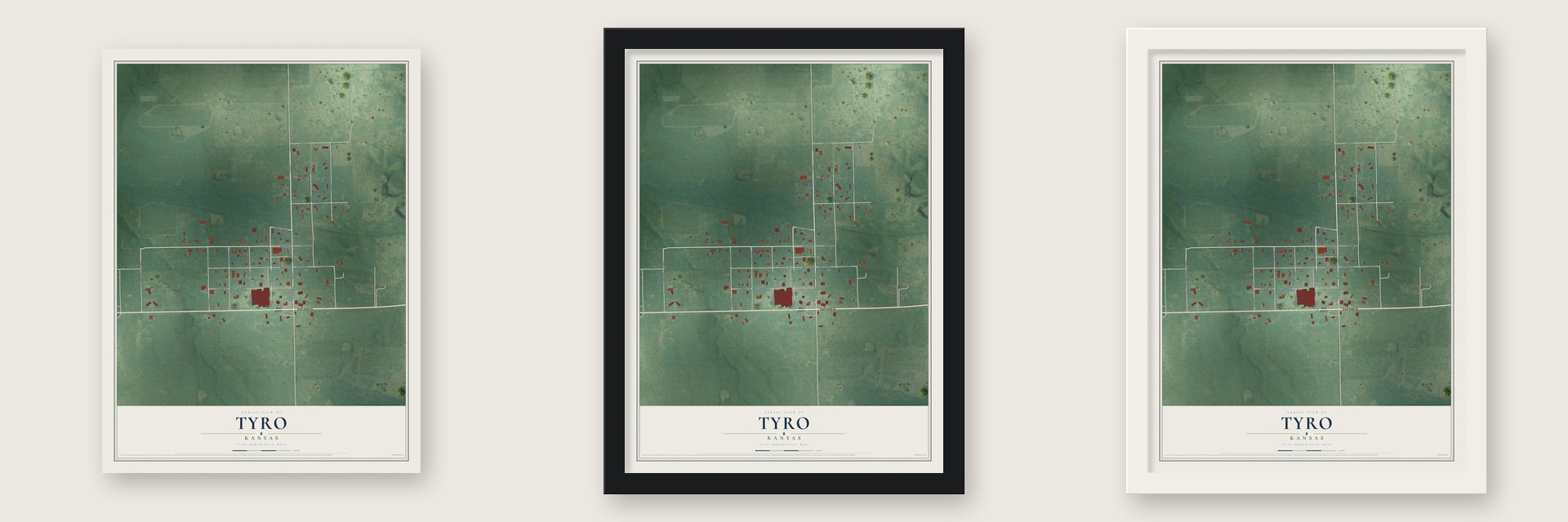 Tyro, Kansas map unframed, in a black wood frame and in a white wood frame