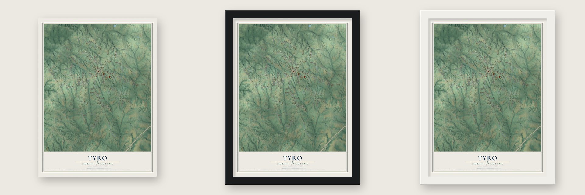Tyro, North Carolina map unframed, in a black wood frame and in a white wood frame