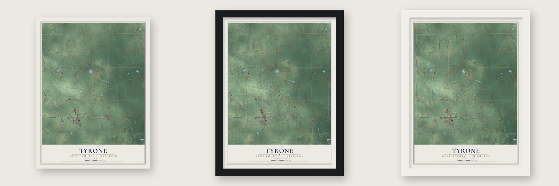Tyrone, Kent County, Michigan map unframed, in a black wood frame and in a white wood frame