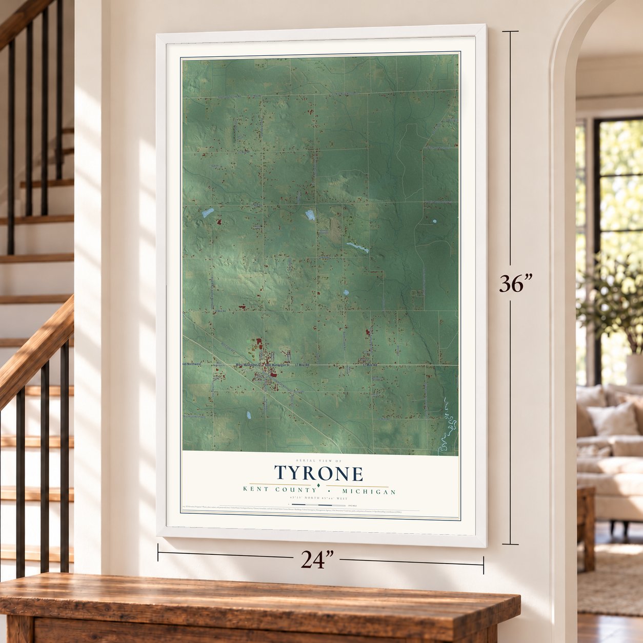 Tyrone, Kent County, Michigan map, 24 x 36 inch print in a white frame by a staircase