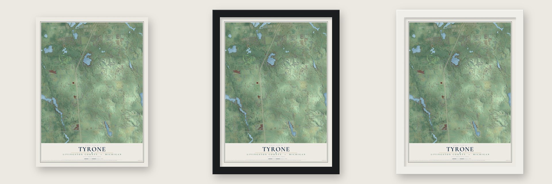 Tyrone, Livingston County, Michigan map unframed, in a black wood frame and in a white wood frame