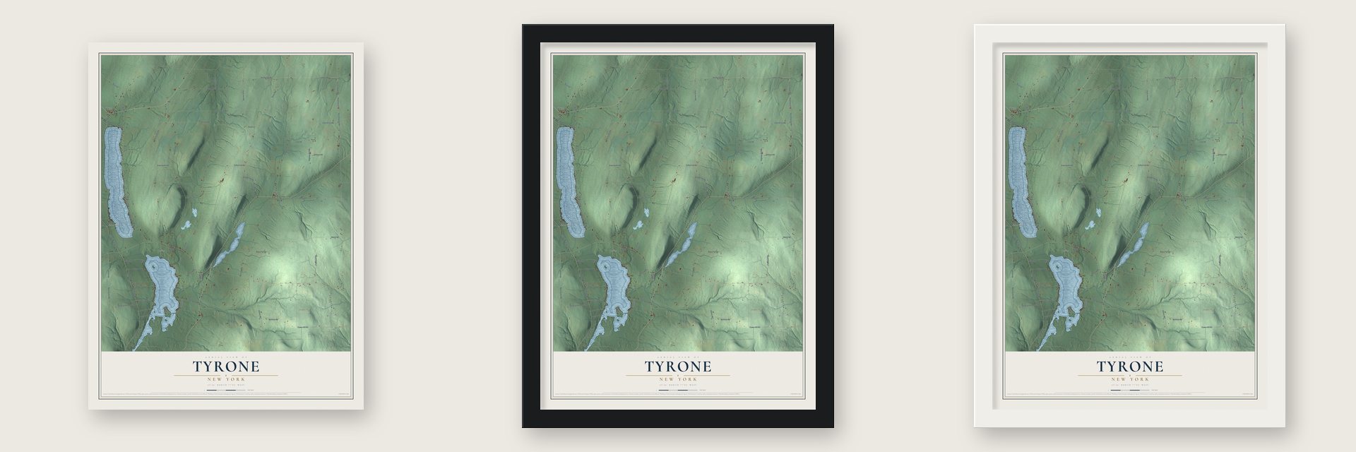 Tyrone, New York map unframed, in a black wood frame and in a white wood frame