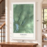 Tyrone, New York map, 24 x 36 inch print in a white frame by a staircase