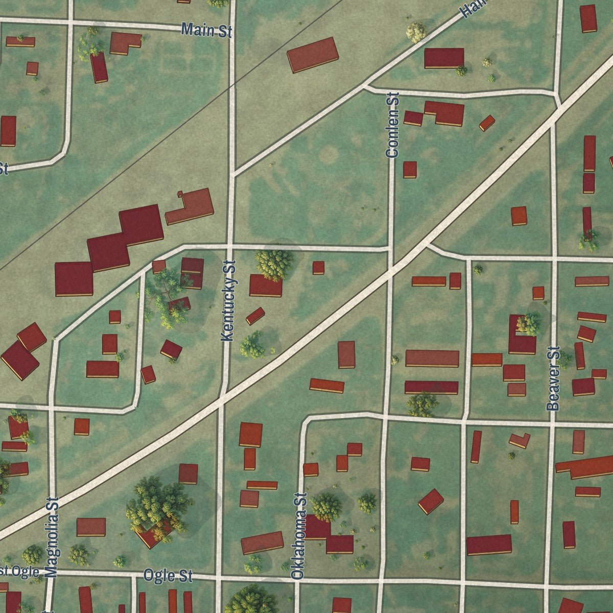 Second close-up of the map of Tyrone, Oklahoma print showing more streets and buildings