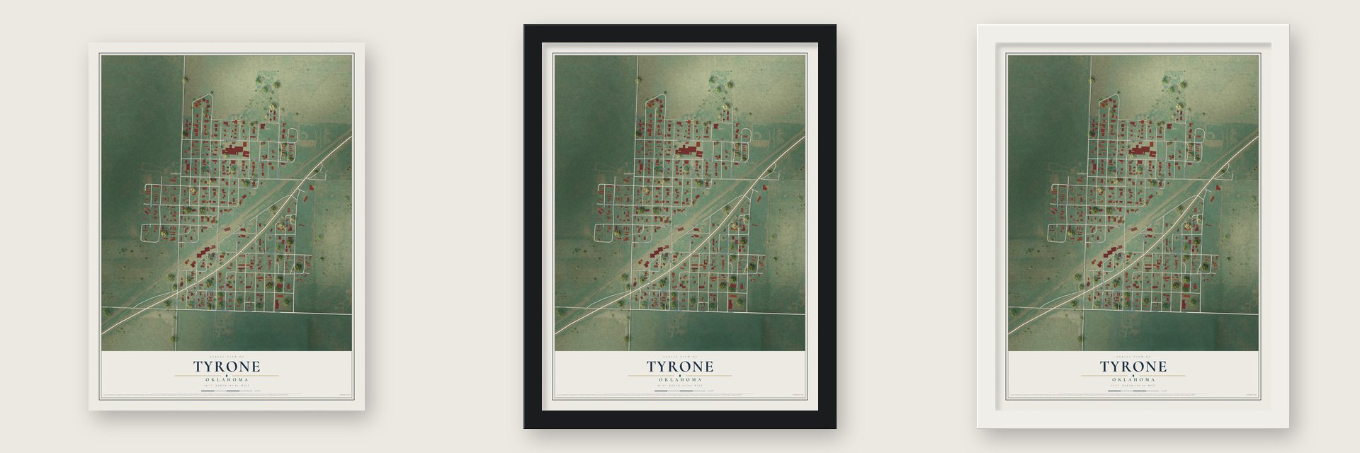 Tyrone, Oklahoma map unframed, in a black wood frame and in a white wood frame