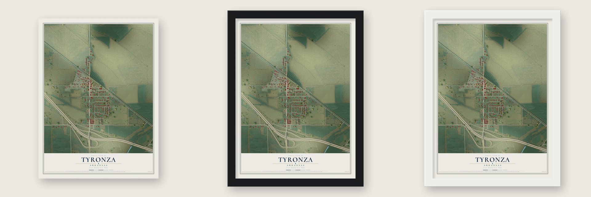 Tyronza, Arkansas map unframed, in a black wood frame and in a white wood frame