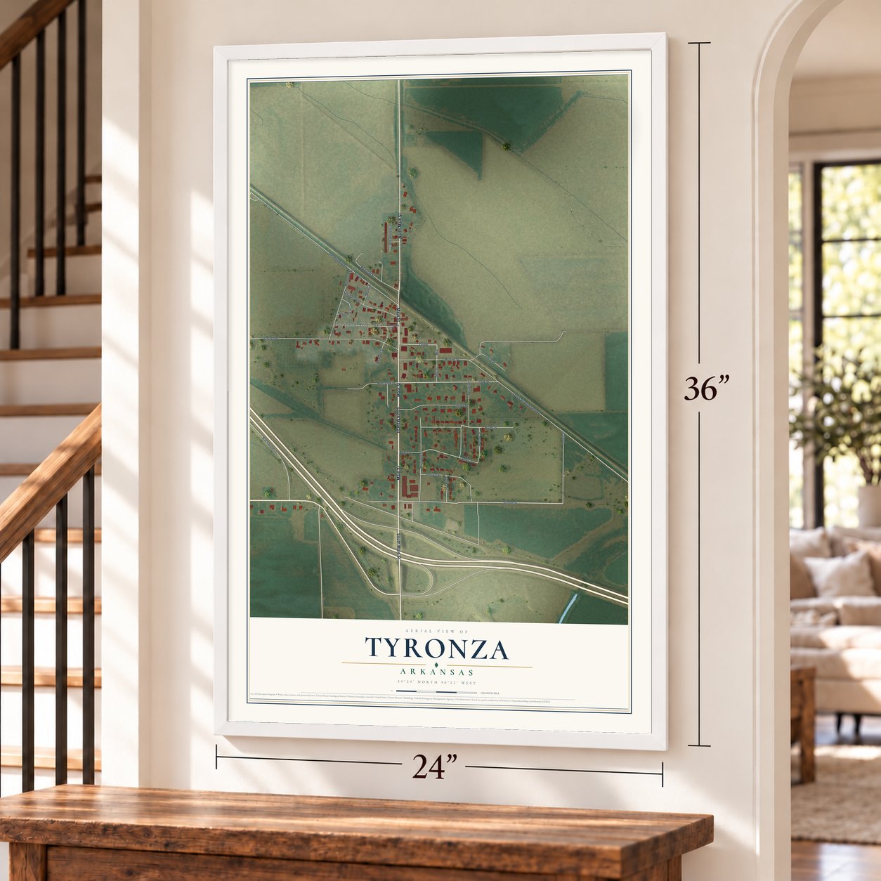 Tyronza, Arkansas map, 24 x 36 inch print in a white frame by a staircase