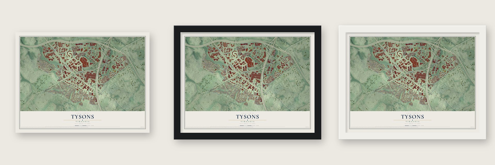 Tysons, Virginia map unframed, in a black wood frame and in a white wood frame
