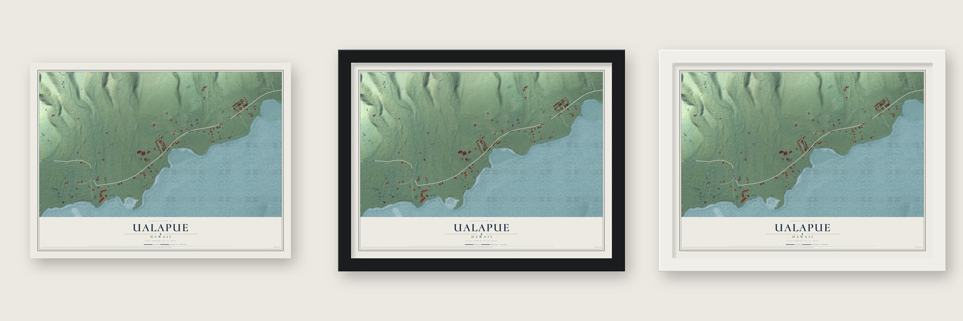 Ualapue, Hawaii map unframed, in a black wood frame and in a white wood frame