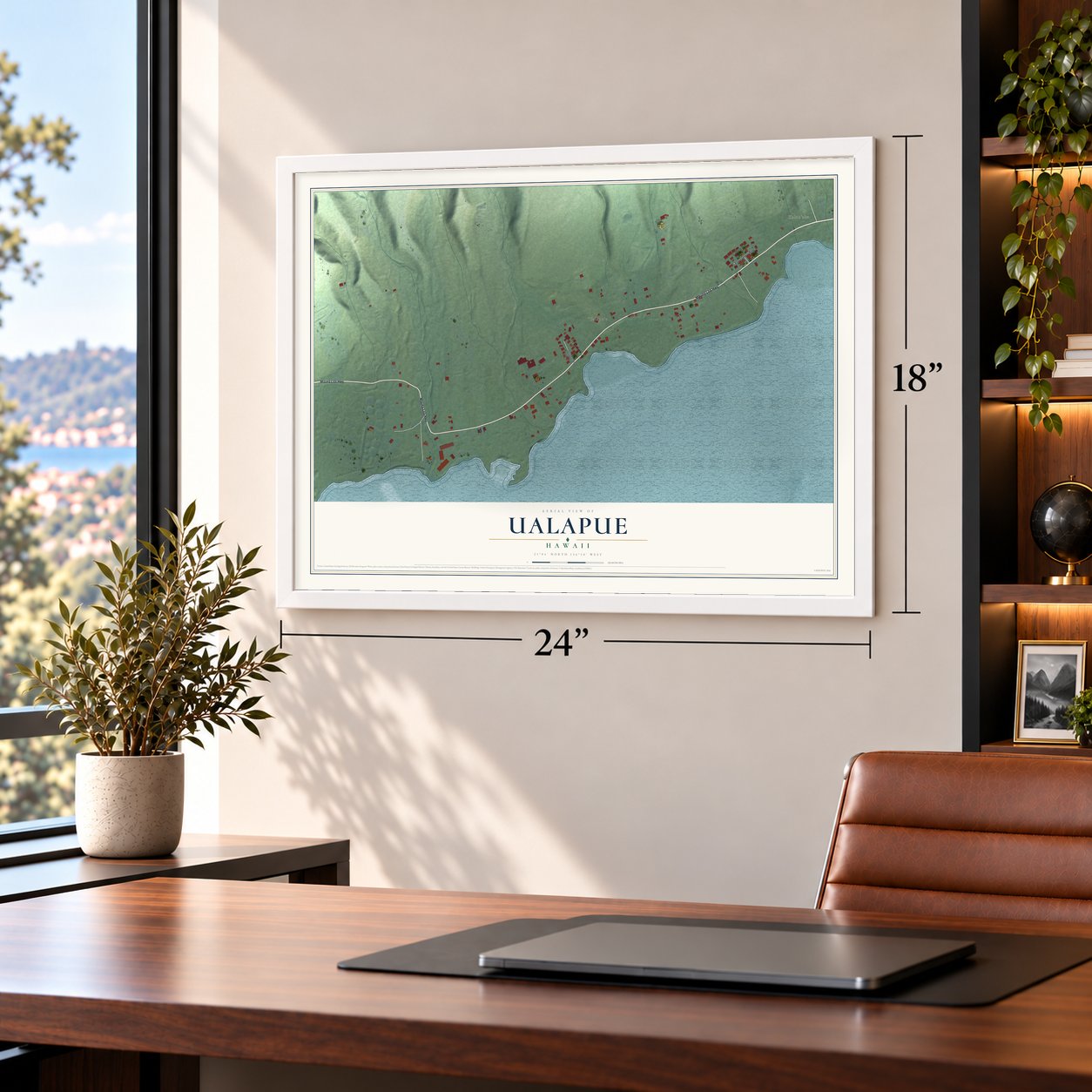 Ualapue, Hawaii map, 18 x 24 inch print in a white frame in a home office