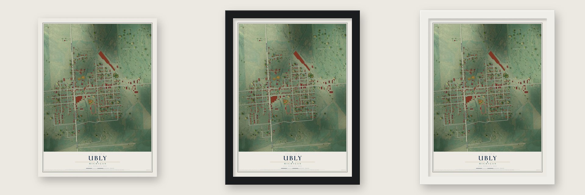 Ubly, Michigan map unframed, in a black wood frame and in a white wood frame