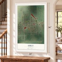 Ubly, Michigan map, 24 x 36 inch print in a white frame by a staircase
