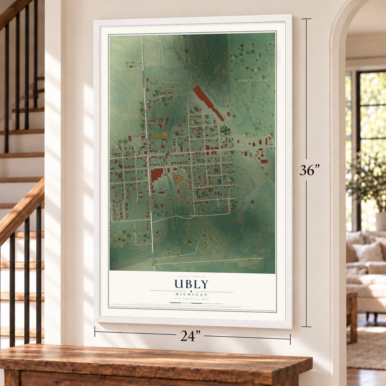 Ubly, Michigan map, 24 x 36 inch print in a white frame by a staircase