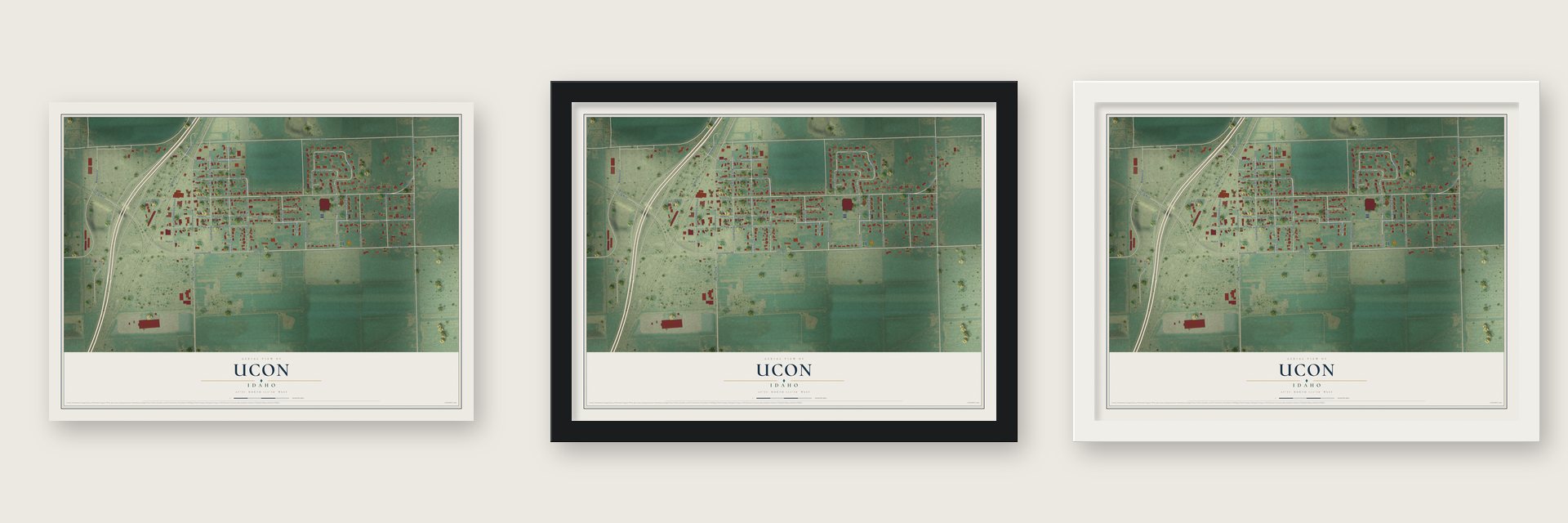 Ucon, Idaho map unframed, in a black wood frame and in a white wood frame