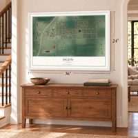Ucon, Idaho map, 24 x 36 inch print in a white frame above a dresser by a staircase