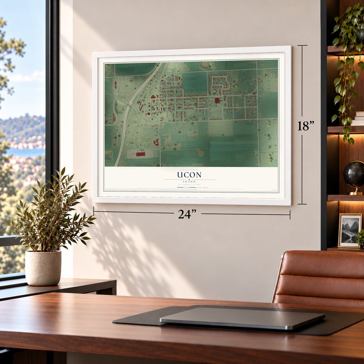 Ucon, Idaho map, 18 x 24 inch print in a white frame in a home office