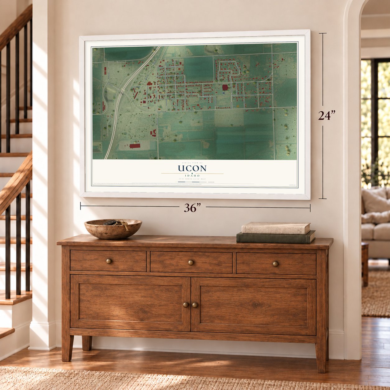 Ucon, Idaho map, 24 x 36 inch print in a white frame above a dresser by a staircase